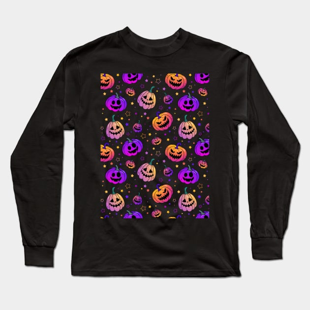 Halloween neon pumpkin pattern Long Sleeve T-Shirt by Saya Raven